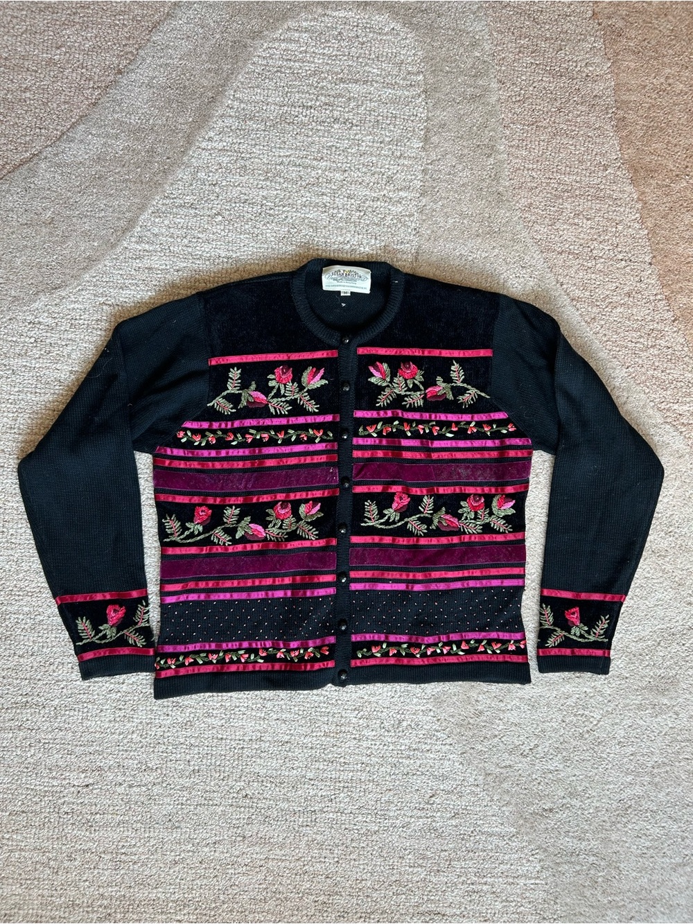 Susan Bristol Black button down Cardigan with Pink Floral Embroidery size M
